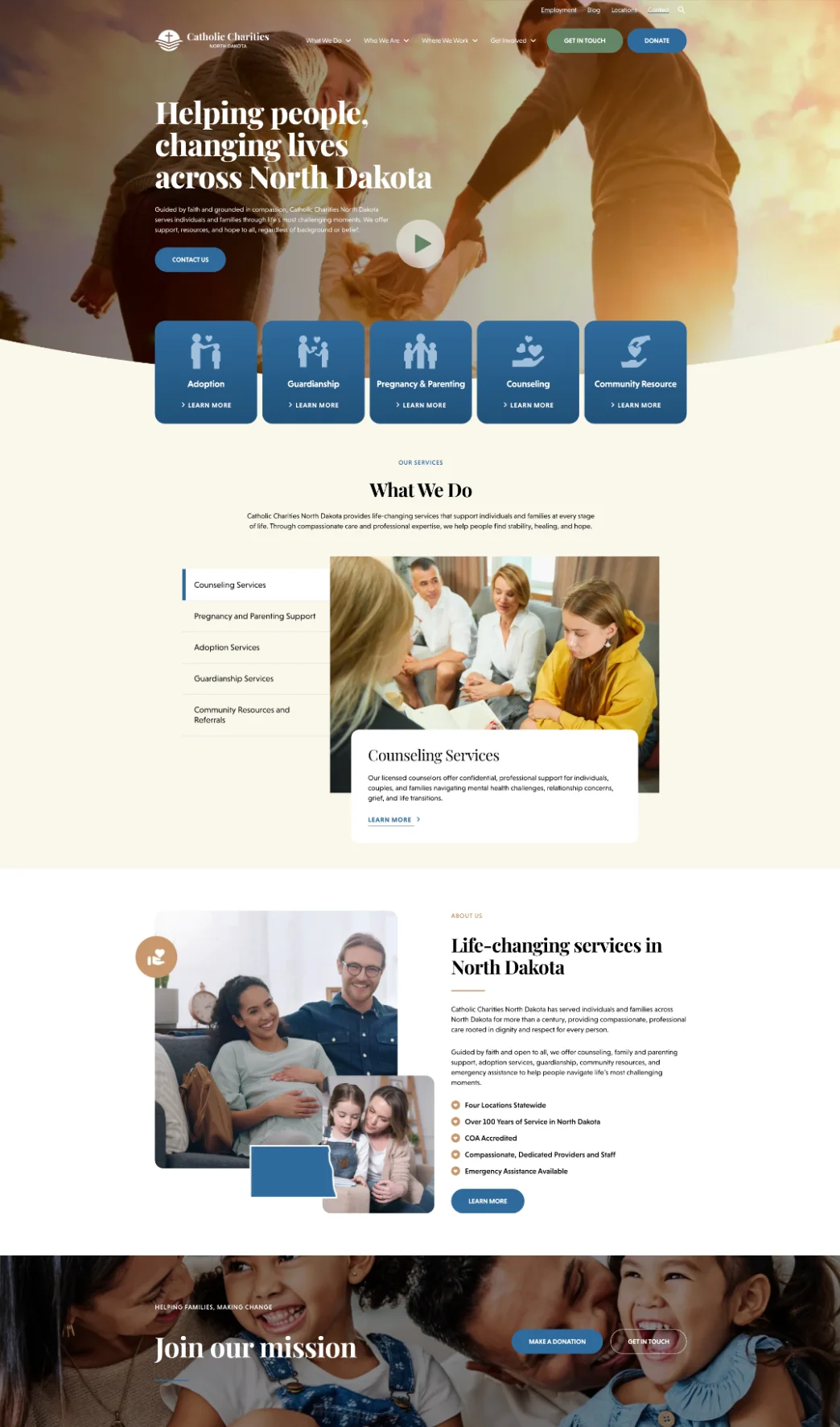 Catholic Charities North Dakota website: hero, service icons, what we do and featured stories