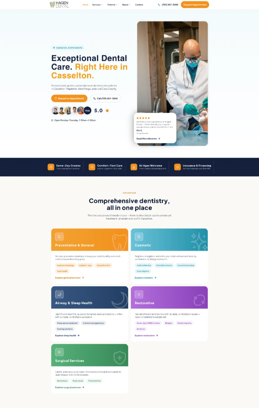 Hagen Dental website (Casselton, ND): hero with dentist photo, services grid and contact bar