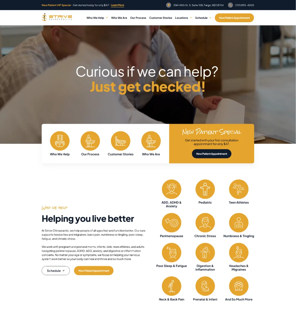 Strive Chiropractic home page: hero with headline, new patient special and service icons