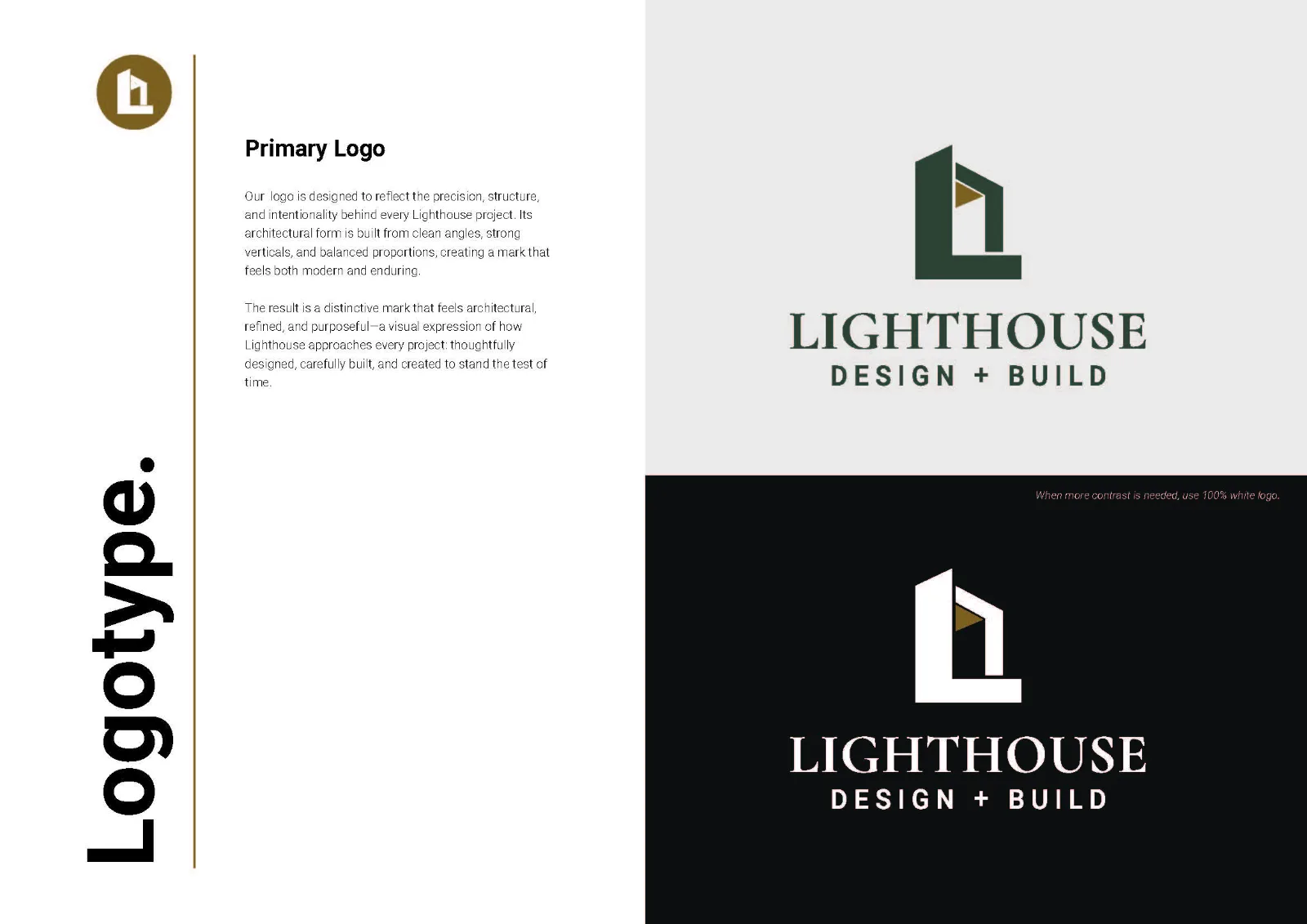 Lighthouse Design + Build primary logo page from the brand guide