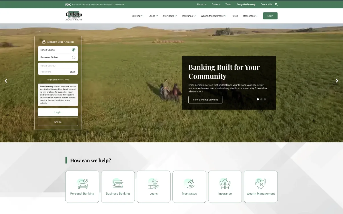 Dakota Community Bank & Trust website home page, designed by Spotlight Media