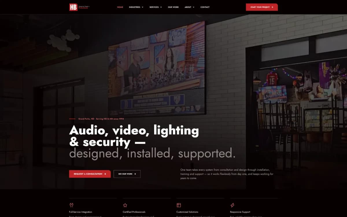 HB Sound & Light website home page, designed by Spotlight Media