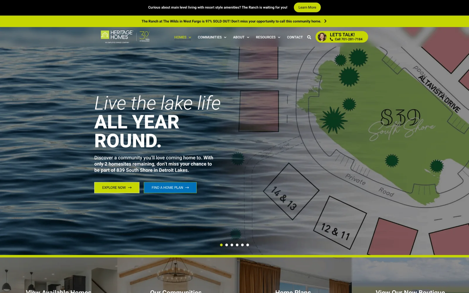 Heritage Homes website home page: Live the lake life all year round
