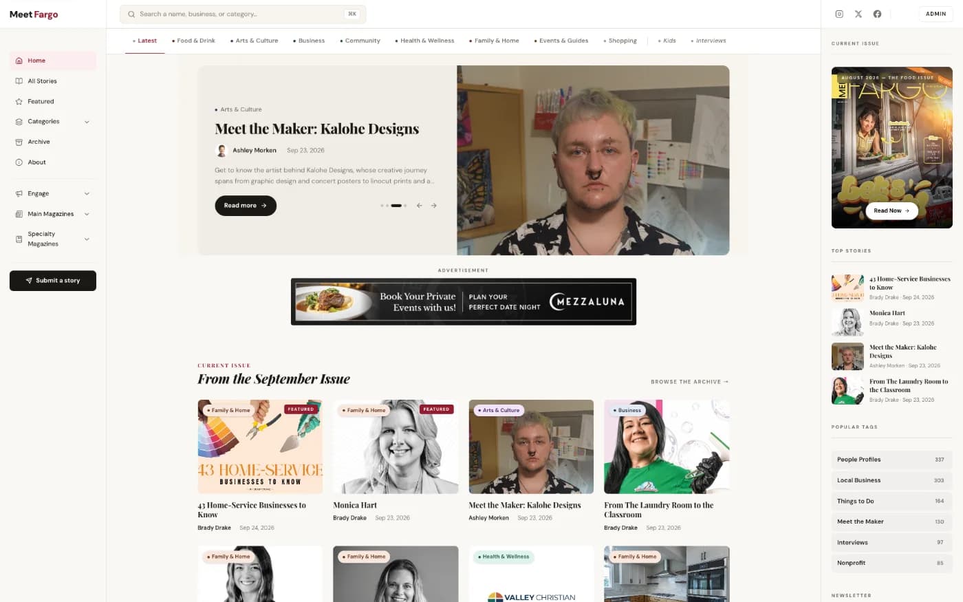 Meet Fargo website screenshot showing real stories and publication branding