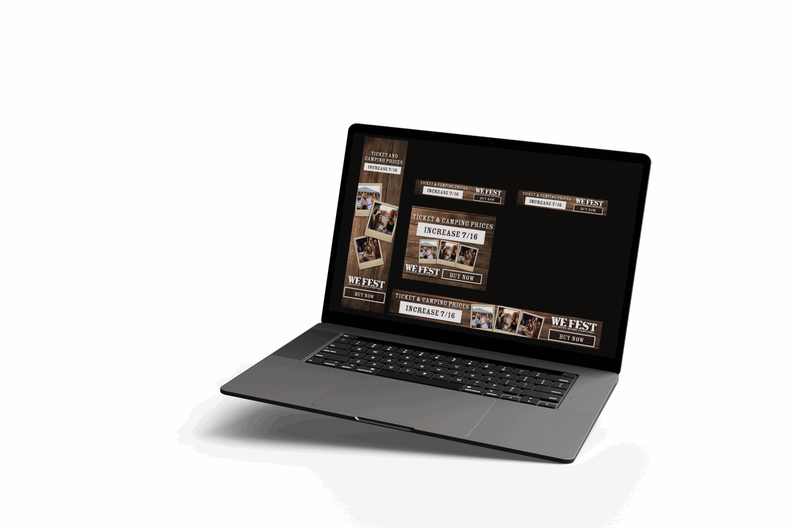 Laptop displaying event promotional graphics.