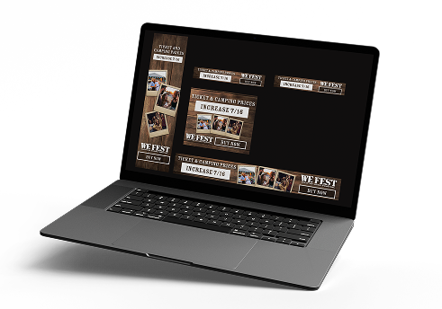 Laptop displaying event promotion graphics