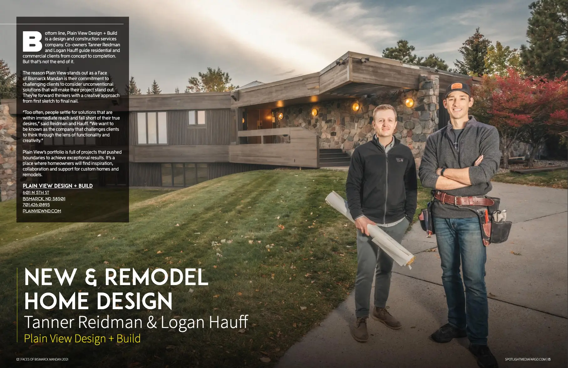 two men standing in front of a house