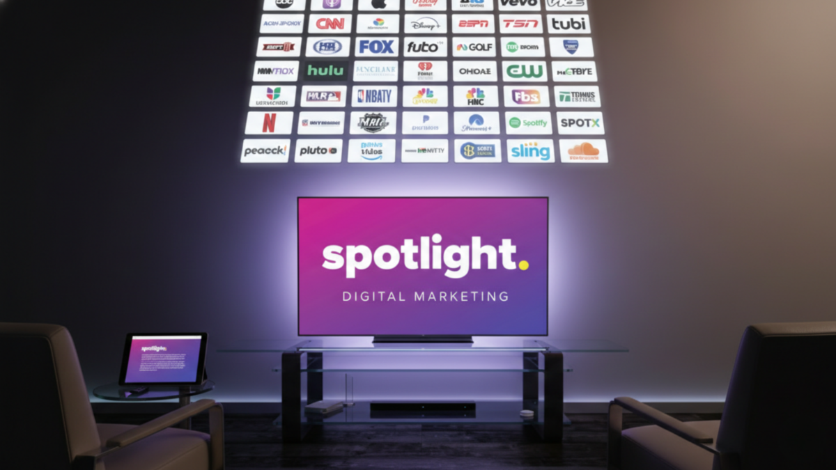 Television displaying digital marketing logos