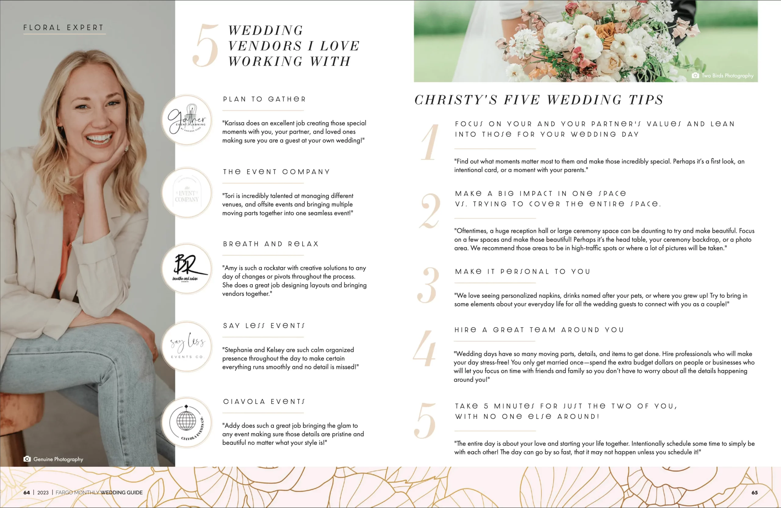 a brochure of a woman and a bouquet of flowers