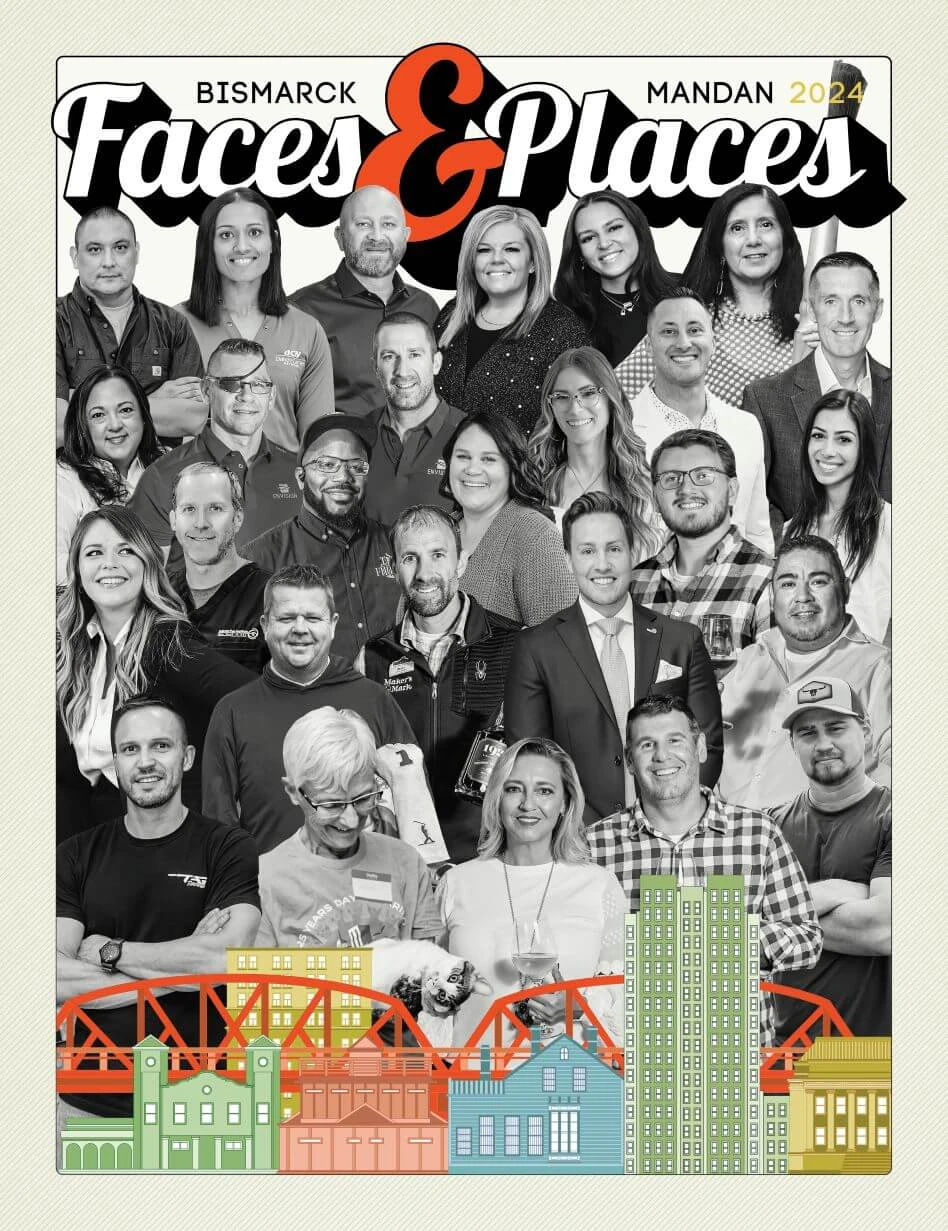Faces & Places 2024 cover featuring a black‑and‑white collage of Bismarck‑Mandan community members above colorful city illustrations.