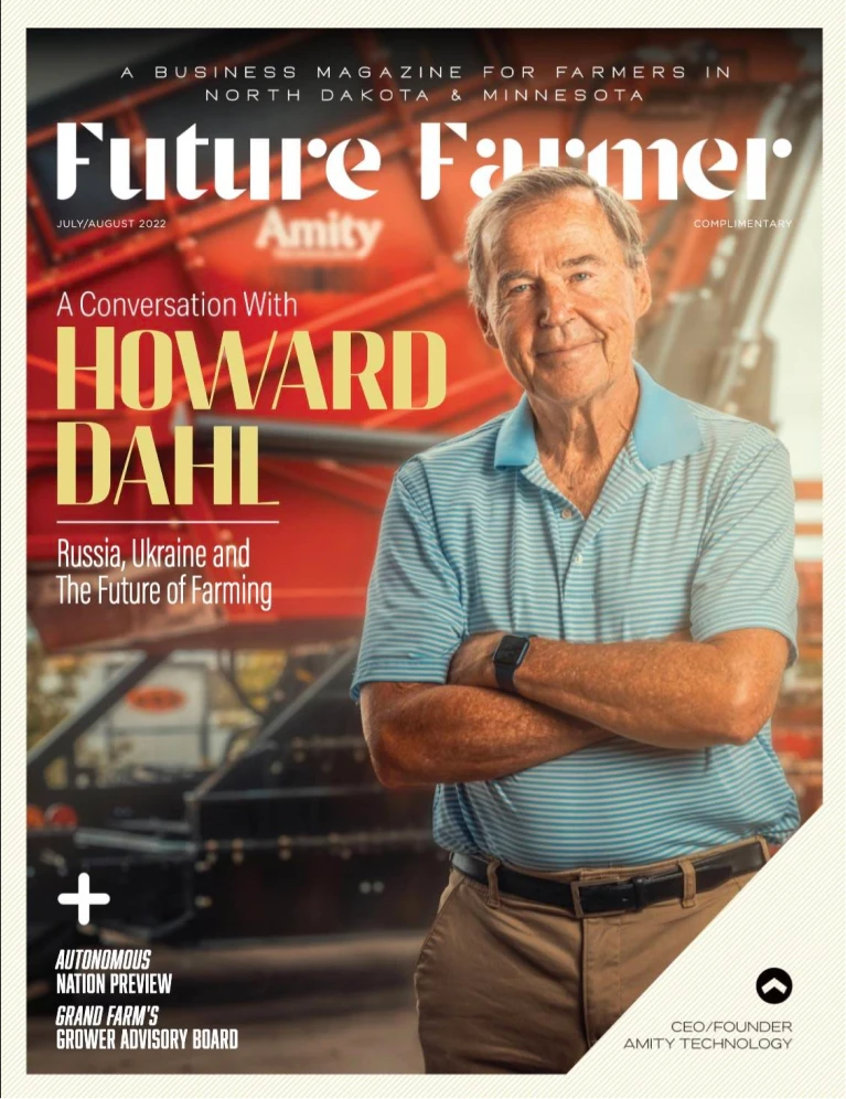 Future Farmer magazine cover featuring Howard Dahl standing with arms crossed in front of farm equipment, highlighting a conversation on Russia, Ukraine, and the future of farming.
