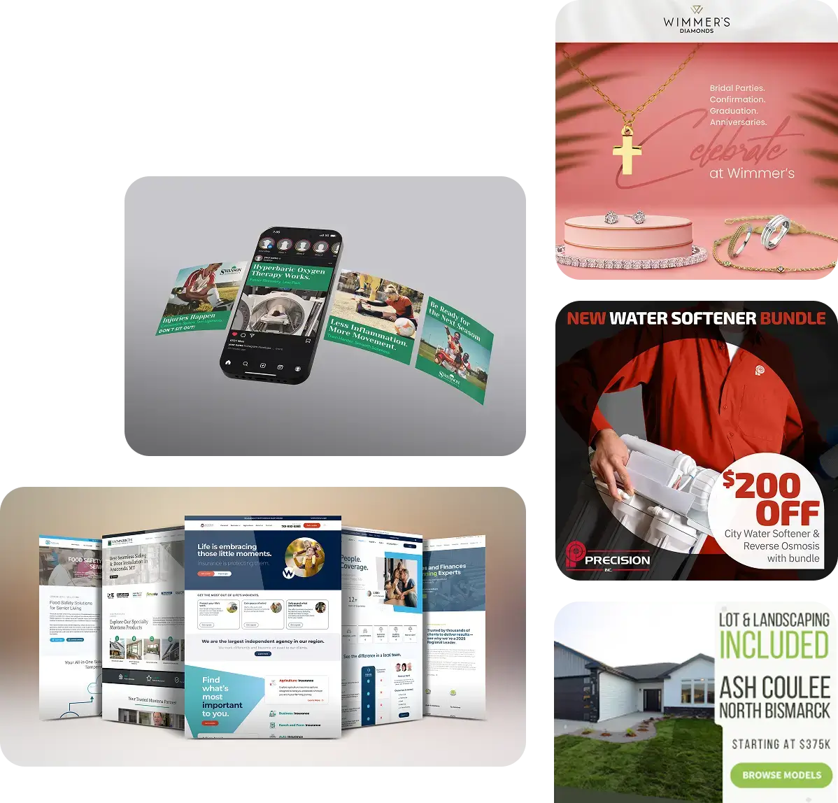 Collage Of Marketing Materials Showing Social Media Graphics On A Phone, A Wimmer’s Diamonds Celebration Ad, A $200 Off Water Softener Bundle Promotion, Multi-Page Website Mockups, And A Real Estate Model Homes Offer.&Quot;