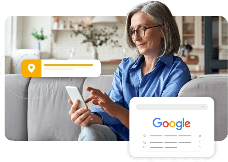 Older Woman On A Couch Using Her Phone With Google Search And Location Pin Overlays, Representing Local Search.