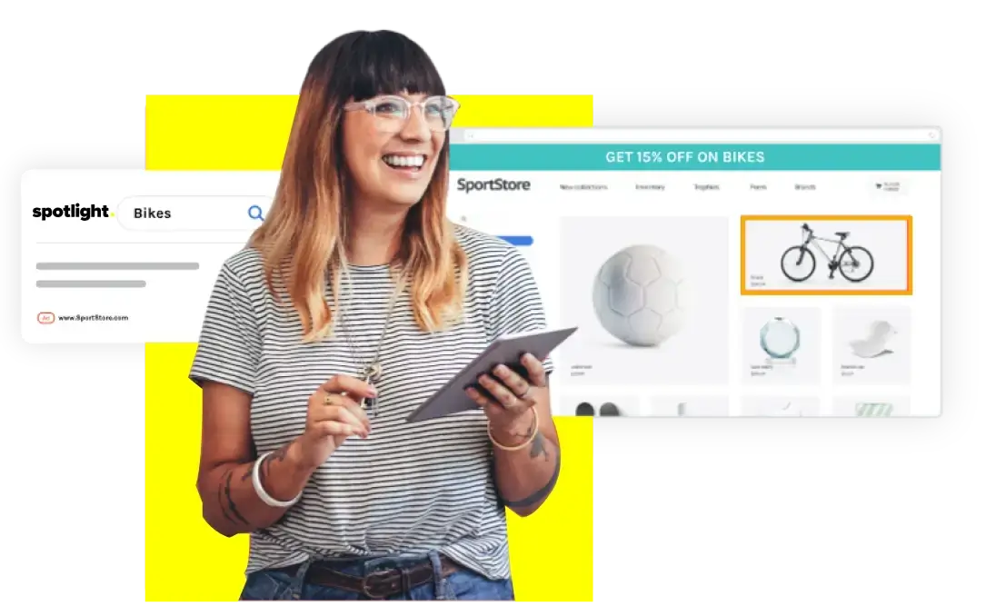 Smiling Woman Holding A Tablet In Front Of A Search Bar And E‑Commerce Page Showing A Bike Highlighted With A &ldquo;Get 15% Off On Bikes&rdquo; Banner.