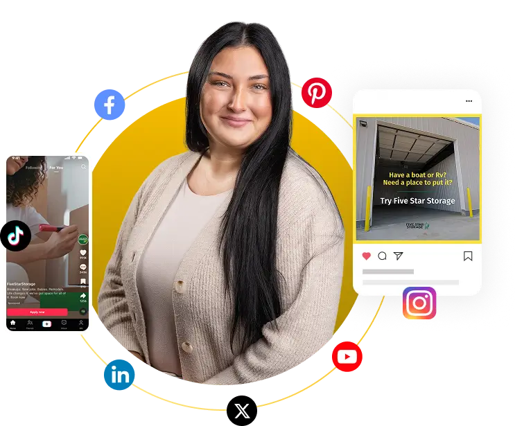 Woman Standing In Front Of A Yellow Shape, Surrounded By Facebook, Tiktok, Linkedin, Pinterest, Instagram, Youtube, And X Icons With Example Social Ad Posts.