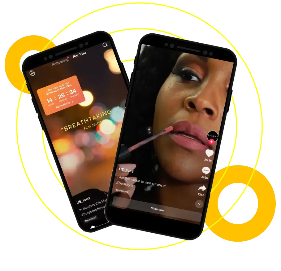 Tiktok Advertising Two Smartphones Displaying Tiktok-Style Ads: One Shows A Makeup Lip Gloss Demo With “Shop Now,” The Other A Movie Promo With A Countdown Timer.