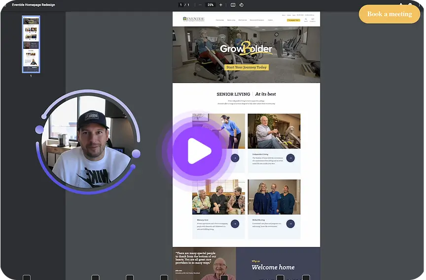 Screen Recording Of A Senior Living Homepage Redesign With A Large Play Button Overlay And Presenter’s Webcam In A Circular Frame, Plus A Book A Meeting Button.