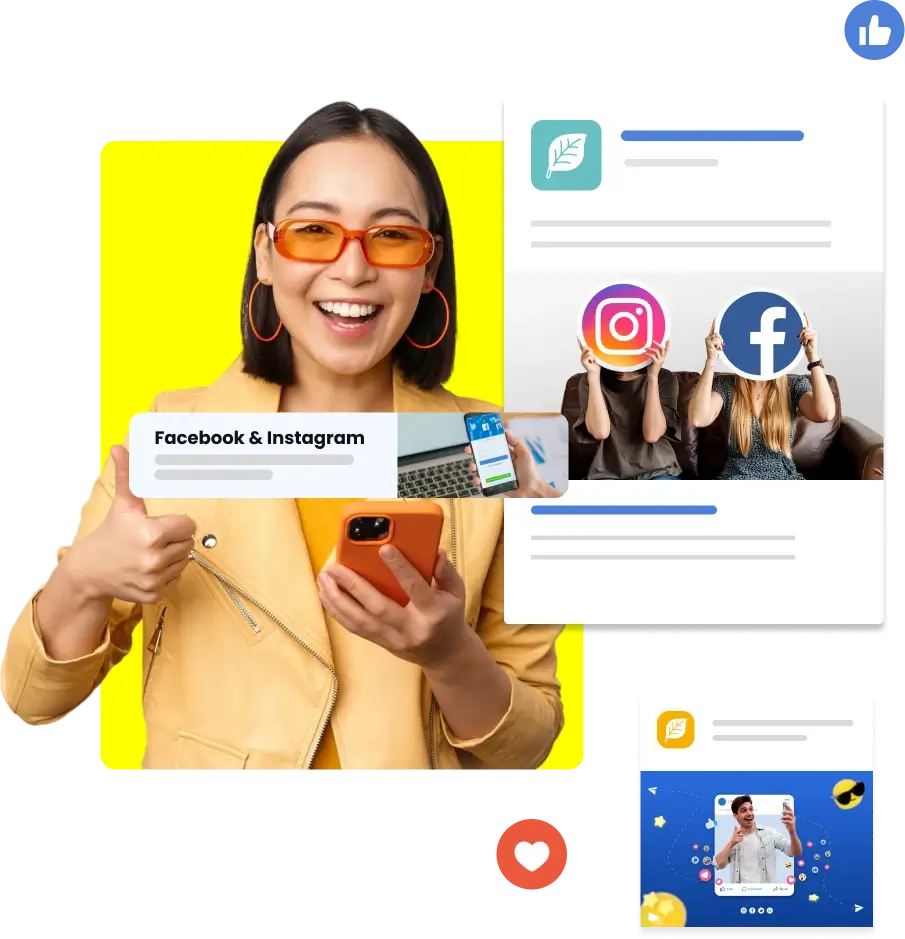 Smiling Woman In A Yellow Jacket Gives A Thumbs Up While Holding A Phone, Surrounded By Facebook And Instagram Post Mockups And Like Icons.